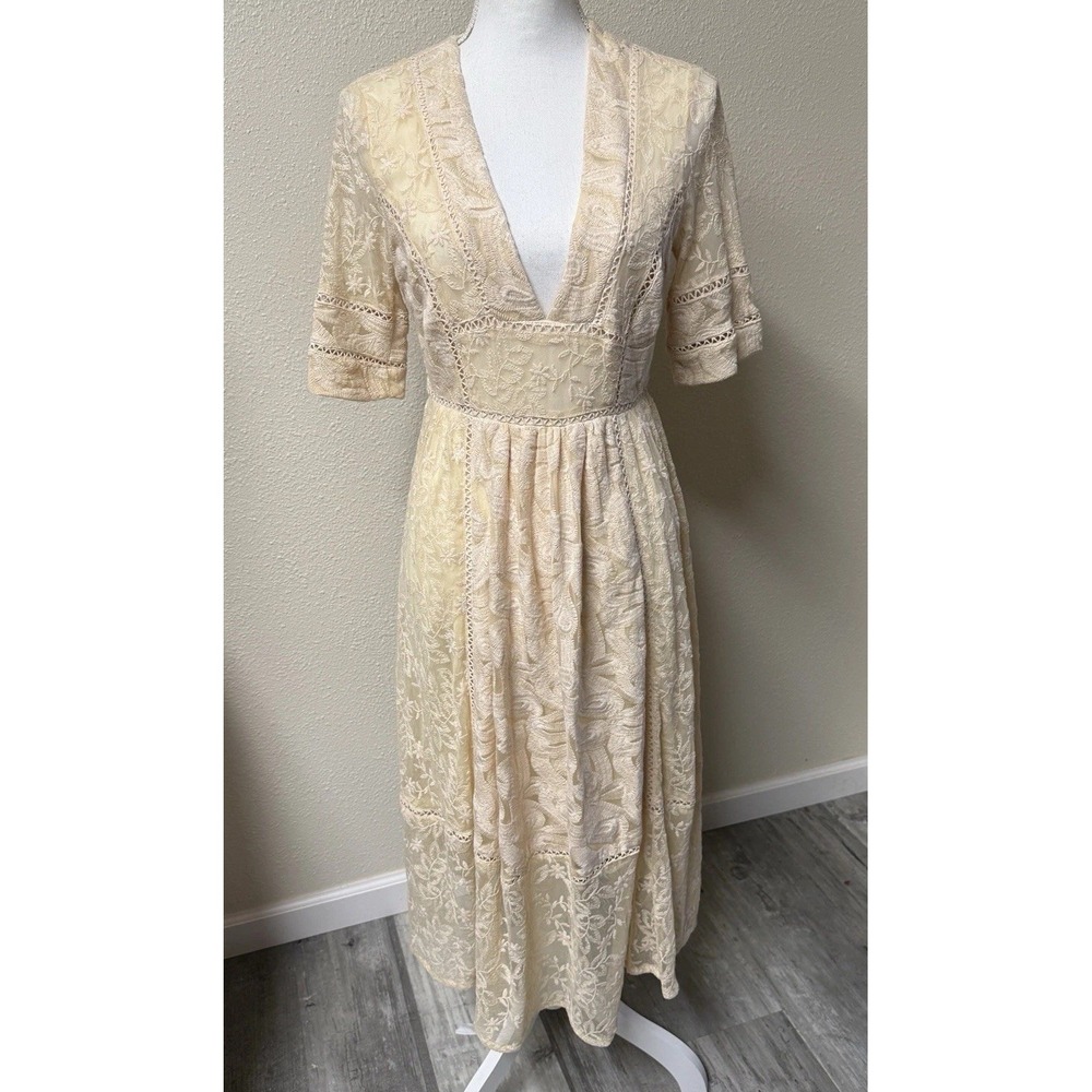 Free People Boho Dress Mountain Laurel Lace Crochet Almond Beige Ivory SZ‎ 2 - Picture 3 of 13